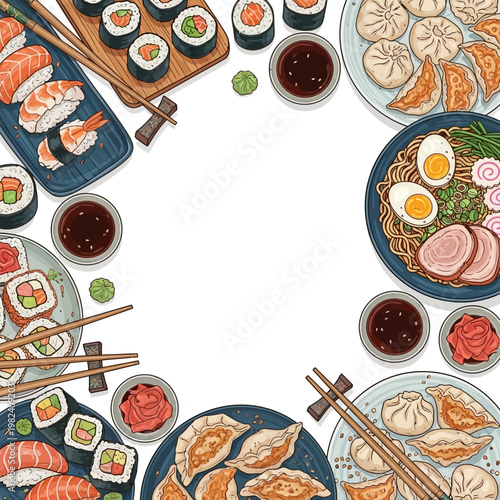 A variety of Asian dishes arranged on plates and boards