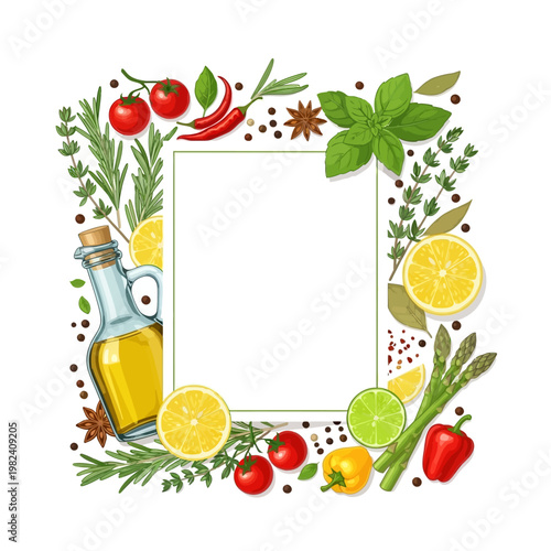 A colorful illustration of various food ingredients and herbs surrounding a blank frame