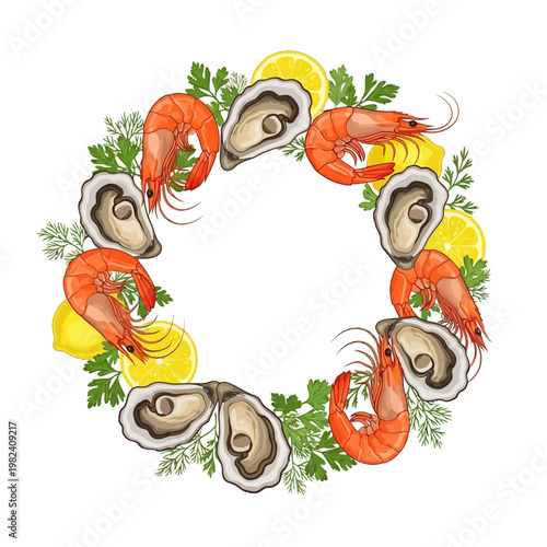 A vibrant wreath of seafood and herbs on a white background