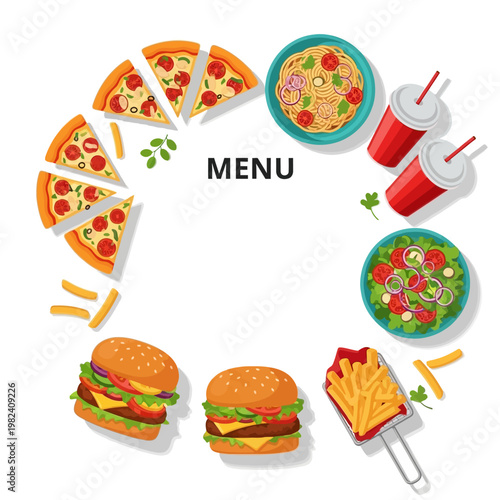 A colorful illustration of various fast food items arranged in a circular menu