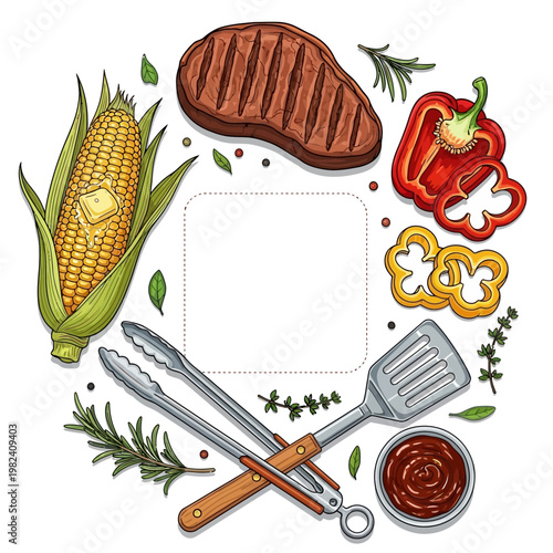 A colorful illustration of grilled food and utensils for a summer barbecue