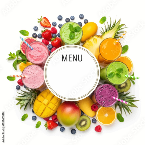 A colorful arrangement of fresh fruits and smoothies for a healthy menu