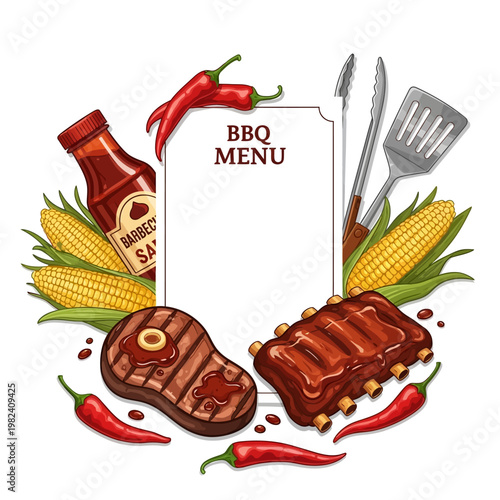 A colorful illustration of a BBQ menu with food and utensils