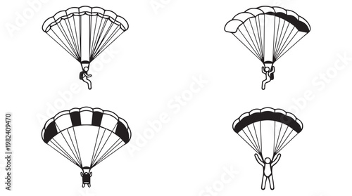 Four black and white parachutes descending in minimalist line art illustration for extreme sports and adventure concepts