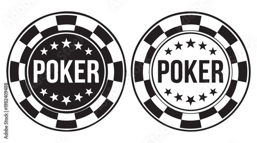 Pair of classic black and white poker chips with star symbols on casino table background