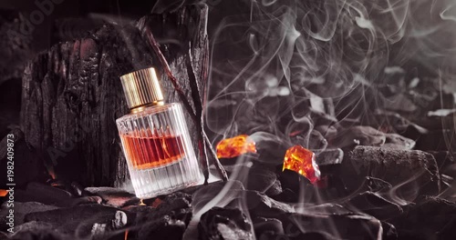 Sophisticated incense perfume on hot coals in fireplace with ash.