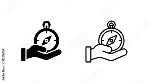 Hand holding compass icon. outline glyph flat filled line style