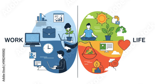 Illustration depicting the balance between work and life with symbolic icons and activities.
