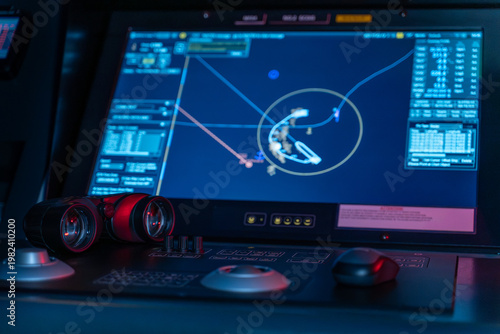 Bild auf Leinwand Binoculars and ECDIS maneuvering screen at bridge navigation station
