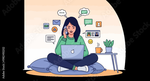 Young woman sitting cross-legged on floor using laptop surrounded by social media icons.