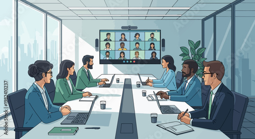 Diverse business team participating in a virtual conference meeting in a modern office.