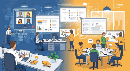 Modern office environment with employees collaborating and using technology.