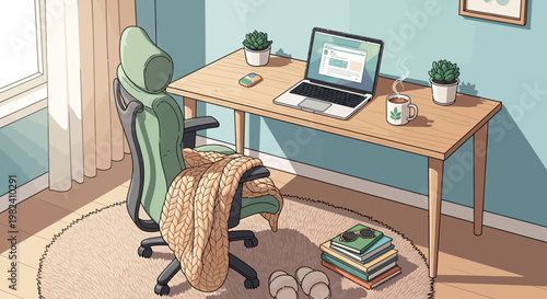 Cozy home office setup with ergonomic chair and laptop on wooden desk.