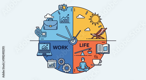 Illustration of work life balance concept with clock and icons.