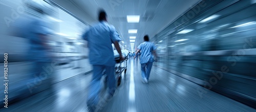 A blurred motion shot depicts medical personnel rushing down a brightly lit hospital corridor with a gurney, conveying a sense of urgency and healthcare activity.