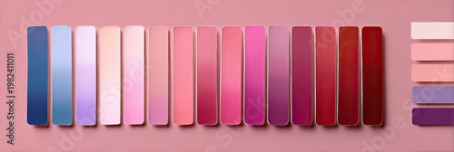 A vibrant display of color swatches showcases a gradient spectrum from cool blues to warm reds, arranged in a visually appealing and organized manner.