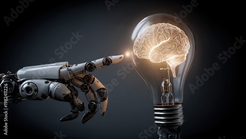 A robotic hand reaches towards a lightbulb containing a glowing human brain, symbolizing artificial intelligence.