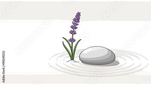 Tranquil Zen Garden: Minimalist Lavender Sprig and Smooth Stone on Raked Sand for Relaxation and Wellness Design