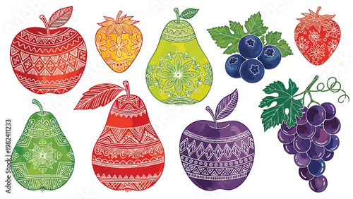 Vibrant Folk Art Fruit Collection: Stylized Apples, Pears, Strawberries, Blueberries & Grapes with Intricate Mandala Patterns