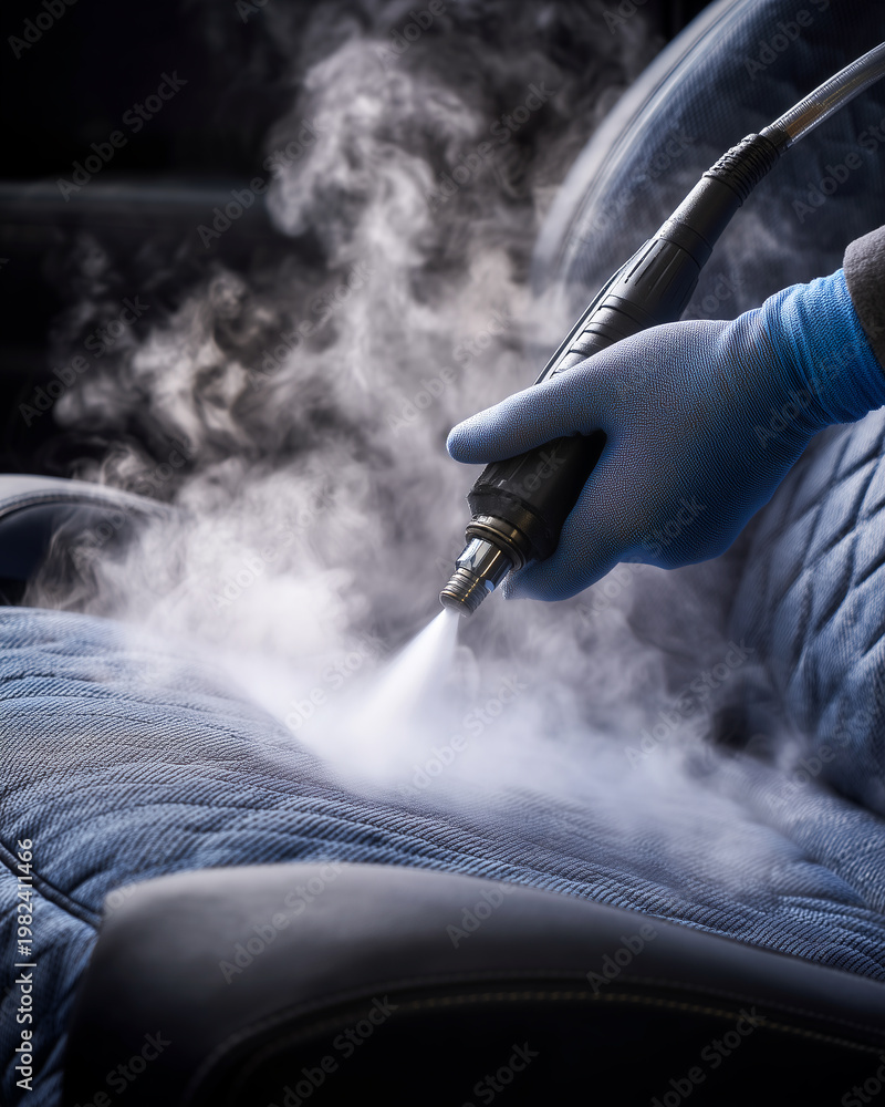 Naklejka premium Professional steam cleaning of a blue quilted car seat. Close-up of a worker in gloves using a steam pressure nozzle to deep clean and disinfect vehicle upholstery from dirt and stains