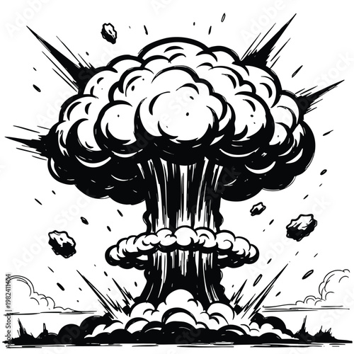 Powerful Explosion Illustration with Mushroom Cloud and Impact Lines