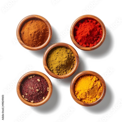 Various aromatic spices in wooden bowls isolated on a bright white background.