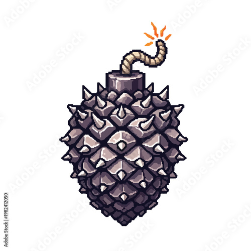 A retro pixel art style illustration of a metallic spiked pinecone-shaped grenade with a burning fuse, isolated on a white background.