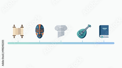 A flat design illustration depicting a chronological journey through various cultural symbols, representing the evolution and enduring power of human storytelling and heritage.