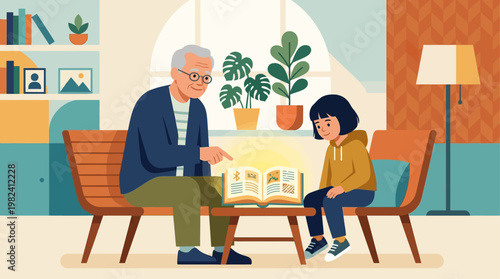 This flat design illustration beautifully captures the essence of intergenerational knowledge transfer, showing an elder sharing cultural wisdom and heritage with a younger generation.