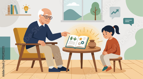 This flat design illustration beautifully captures the essence of intergenerational knowledge transfer, showing an elder sharing cultural wisdom and heritage with a younger generation.