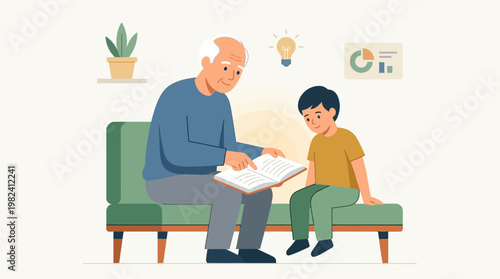 This flat design illustration beautifully captures the essence of intergenerational knowledge transfer, showing an elder sharing cultural wisdom and heritage with a younger generation.
