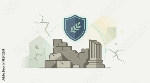 This flat design illustration visually represents the critical concept of safeguarding ancient cultural heritage sites from degradation and loss, emphasizing preservation efforts.