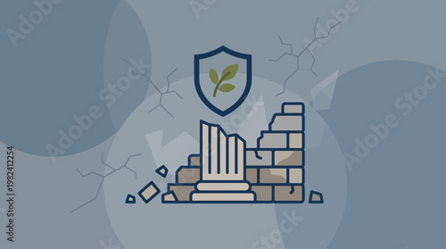 This flat design illustration visually represents the critical concept of safeguarding ancient cultural heritage sites from degradation and loss, emphasizing preservation efforts.
