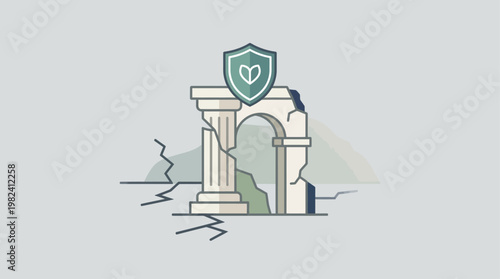 This flat design illustration visually represents the critical concept of safeguarding ancient cultural heritage sites from degradation and loss, emphasizing preservation efforts.