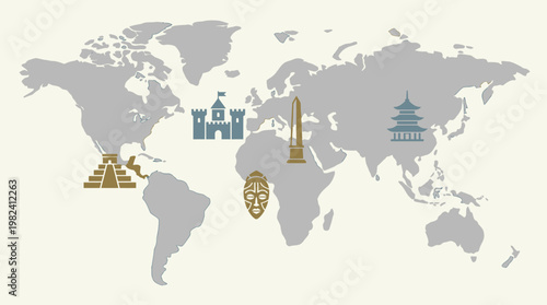 A vibrant flat design illustration showcasing the rich and diverse tapestry of global cultural heritage through iconic landmarks and symbols placed on a stylized world map.