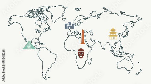 A vibrant flat design illustration showcasing the rich and diverse tapestry of global cultural heritage through iconic landmarks and symbols placed on a stylized world map.