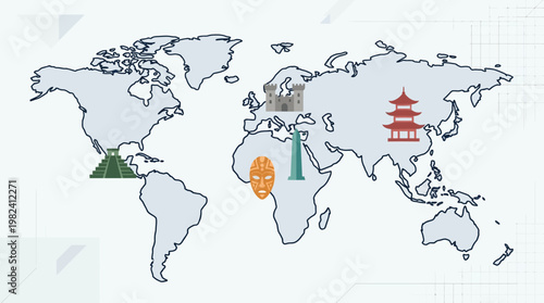 A vibrant flat design illustration showcasing the rich and diverse tapestry of global cultural heritage through iconic landmarks and symbols placed on a stylized world map.