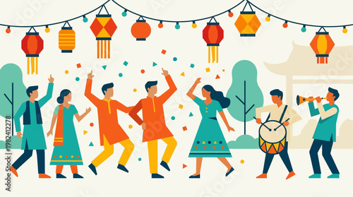 A lively flat design illustration capturing the essence of cultural heritage through a vibrant festival scene, symbolizing joy, community, and the celebration of traditions.