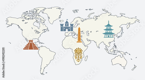 A vibrant flat design illustration showcasing the rich and diverse tapestry of global cultural heritage through iconic landmarks and symbols placed on a stylized world map.