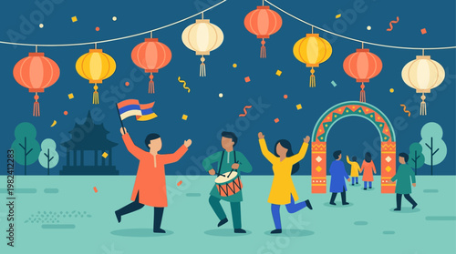 A lively flat design illustration capturing the essence of cultural heritage through a vibrant festival scene, symbolizing joy, community, and the celebration of traditions.