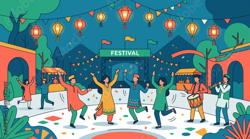 A lively flat design illustration capturing the essence of cultural heritage through a vibrant festival scene, symbolizing joy, community, and the celebration of traditions.