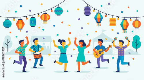 A lively flat design illustration capturing the essence of cultural heritage through a vibrant festival scene, symbolizing joy, community, and the celebration of traditions.