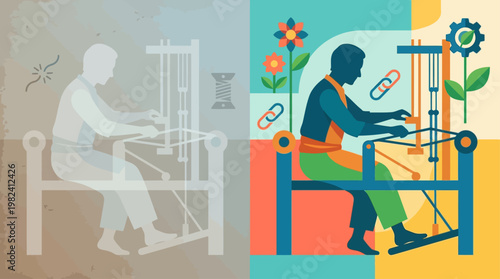 A compelling flat design illustration depicting the hopeful revival and restoration of traditional lost cultural arts, symbolizing renewed interest and preservation efforts.