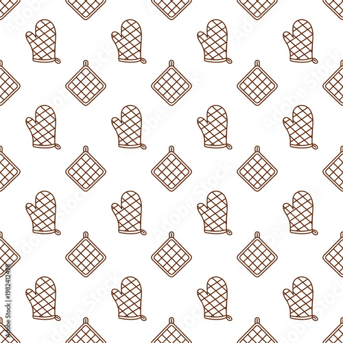 Seamless pattern with oven mitts and pot holders on a white background. Minimal brown outline vector print. 