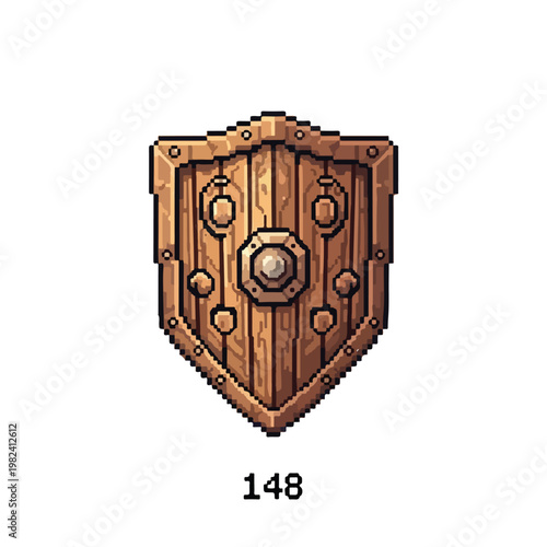A sturdy wooden shield reinforced with metal borders and a central boss is depicted in a detailed pixel art style above the number 148.