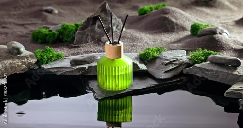 Intense fragrance diffuser on a lunar landscape with small pond.