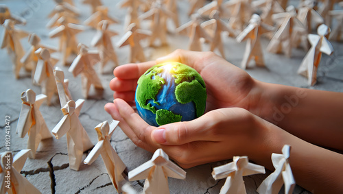 Human Hands Cradling Mossy Earth Globe with Origami Figures