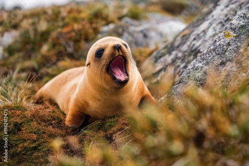 A young marine mammal lies in tall grass, mouth agape, near a rocky outcrop