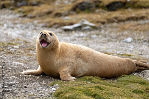 A light-brown juvenile seal rests on a stony beach, mouth open, looking at the camera