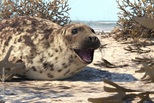 A close-up of a happy seal pup on a sandy beach. Seaweed and ocean are in the background